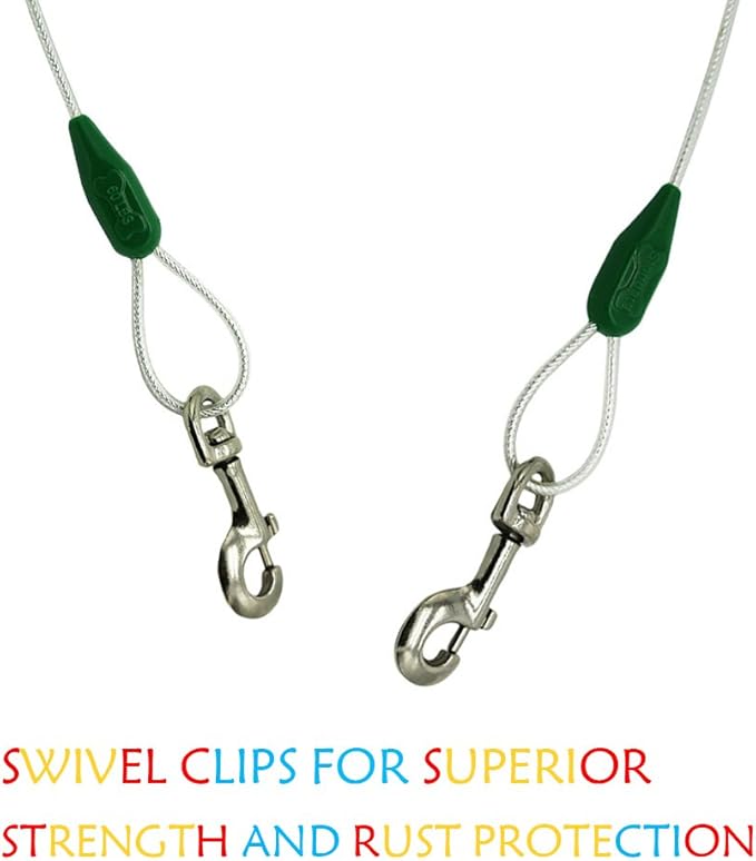 Petest 15ft Reflective Tie-Out Cable for Medium Dogs Up to 60 Pounds DarkGreen & Silver