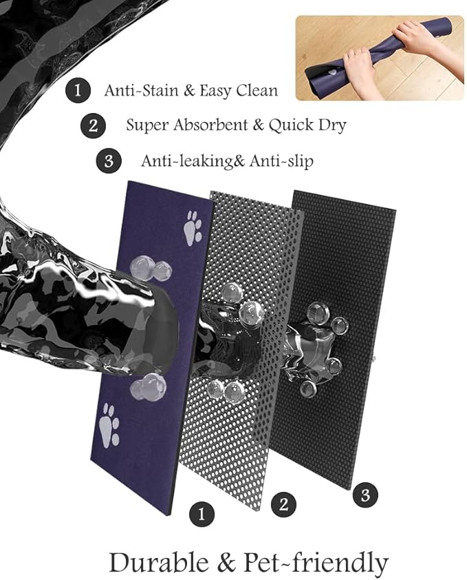 Pet Feeding Mat-Absorbent Dog Mat for Food and Water Bowl-No Stains Quick Dry Water Dispenser Mat-Dog Accessories Pet Supplies-Bowl for Messy Drinkers（Navy,17"x28"