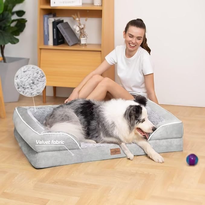 Comfort Expression XL Dog Beds Waterproof, Orthopedic Foam Dog Beds Large Sized, Bolster Dogs Beds Washable Pet Sofa with Removable Cover & Non-Slip Bottom(X-Large,Grey White)