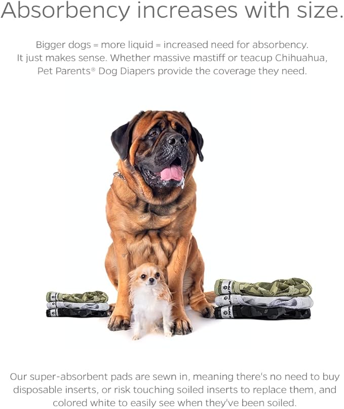 Pet Parents® Washable Dog Diapers (3pack) + Extendrs® of Durable Doggie Diapers, Premium Dog Diapers Female & Male (Large, Camo)