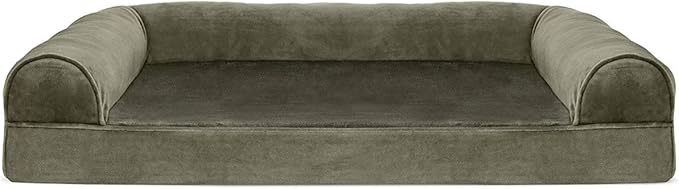 Furhaven Orthopedic Dog Bed for Large/Medium Dogs w/ Removable Bolsters & Washable Cover, For Dogs Up to 55 lbs - Faux Fur & Velvet Sofa - Dark Sage, Large