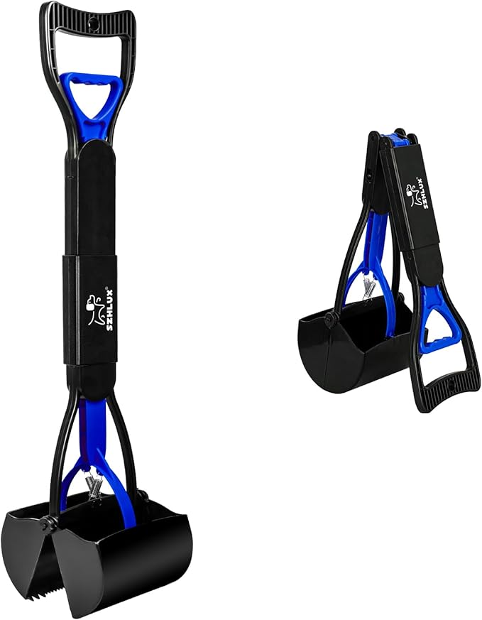 SZHLUX 28" Pooper Scooper, Foldable Dog Pooper Scooper with Unbreakable Material and Durable Spring for Grass and Gravel, Blue