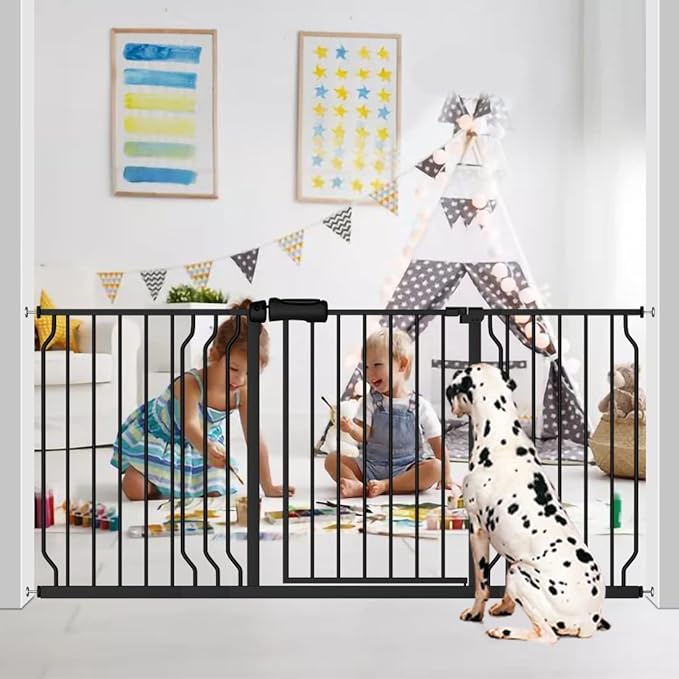 Fairy Baby Walk Through Baby Gate 43.5-48 Inch Wide, Pressure Mounted Safety Gate with Door No Drill, Black Tension Metal Gate for Dog and Toddler