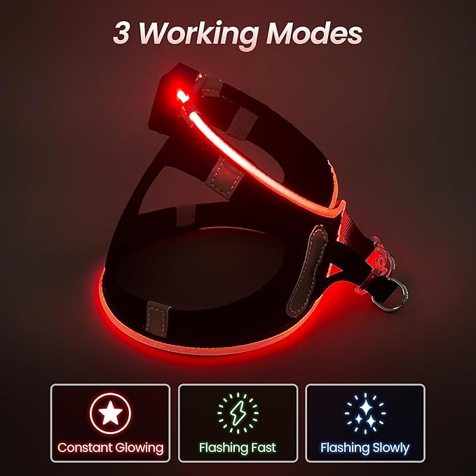 PceoTllar Light Up Dog Harness, LED No Pull Reflective Dog Harness, Flashing Lighted for Night Walking - Small/Medium, (Black Red,m)