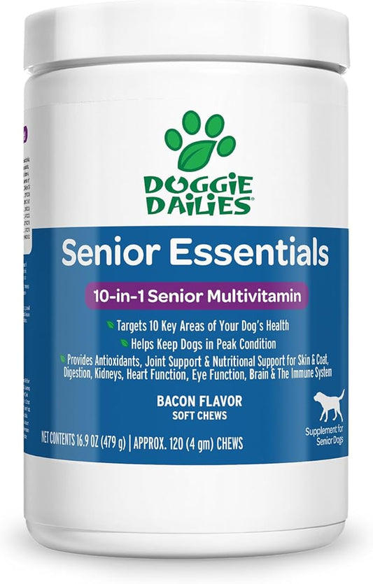 Doggie Dailies Senior Essentials Multivitamin for Dogs Soft Chews | Advanced Dog Multivitamin | Nutritional Support for Joints, Skin & Coat, Digestion, and the Immune System | Bacon Flavor | 120 Count