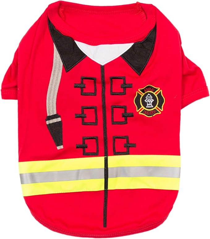 Parisian Pet Embroidered Firefighter Dog Costume - 100% Cotton & Polyester, Sleeved, Medium Dog Size, Red, Lightweight
