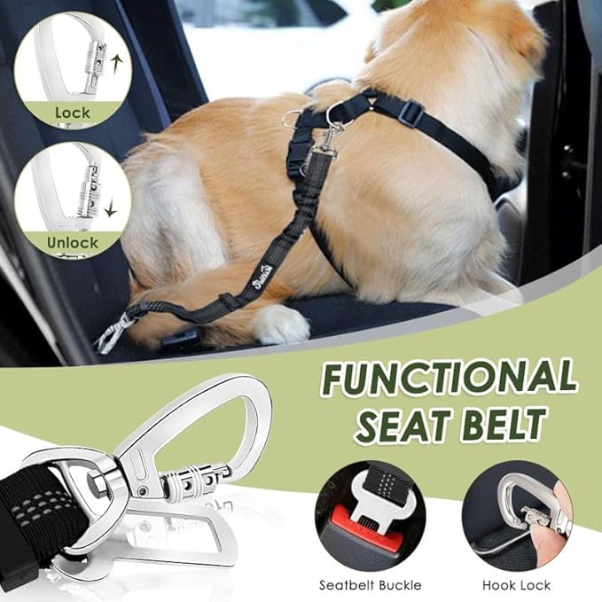 SlowTon Dog Seat Belt Harness for Car, Dog Car Harness Adjustable Mesh Breathable & Dog Seatbelt Safety Tether with Elastic Bungee for Small Medium Large Pets(Green, Double Clip, XXXS)