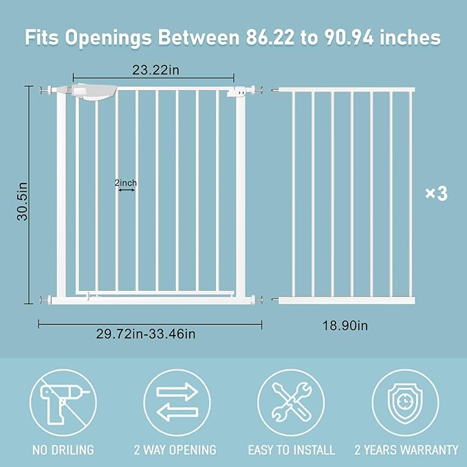 WAOWAO Triple Lock Baby Gate Extra Wide 86.22-90.55" Pressure Mounted Walk Through Swing Auto Close Safety White Metal Dog Pet Puppy Cat for Stairs,Doorways,Kitchen 86.22-90.94"/219-231cm