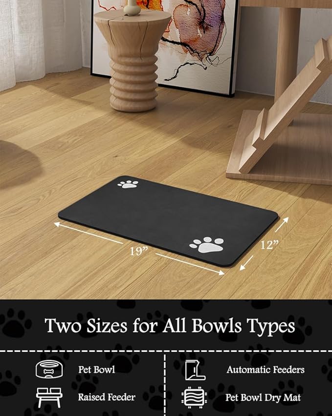 Pet Feeding Mat-Absorbent Dog Mat for Food and Water Bowl-No Stains Quick Dry Water Dispenser Mat-Dog Accessories Pet Supplies-Bowl for Messy Drinkers（Black,12"x19"