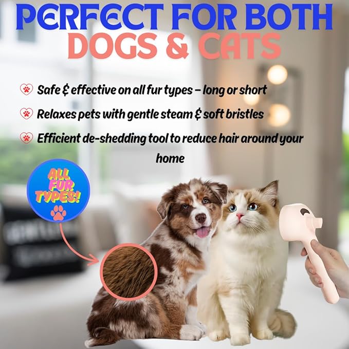 Pet Steam Brush for Cats Dogs, 3-in-1 Cat Grooming Tool with Water Spray and Quick Hair Release Button, Hair Removal Comb for Shedding, Steamy Brush (White)