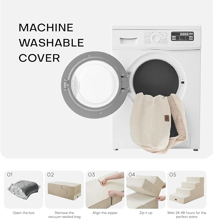 Dog Stairs for High Bed, Dog Steps for Bed Couch Sofa, 35D Foam Extra Wide Pet Steps for Small Dogs and Cats, Pet Stairs with Non-Slip Bottom Beige, 5 Steps