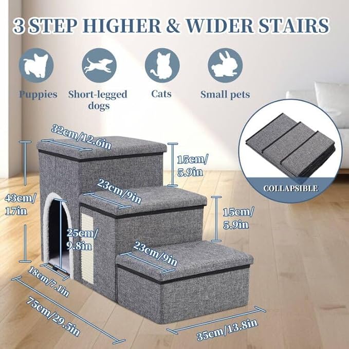 Dog Stairs for High Bed and Couch, 4 IN 1 Foldable Pet Stairs for Cats & Small and Medium Dogs, Adjustable Dog Steps with Pet Climbing Ladders/Cozy Condo/Storage Boxes/Cat Scratcher, Hold Up to 180LBS