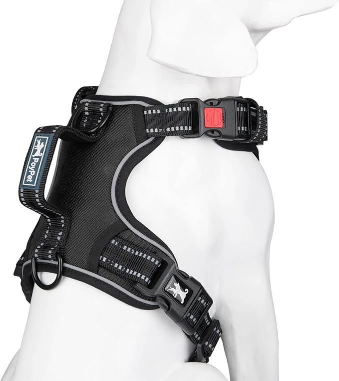 PoyPet No Pull Dog Harness, No Choke Front Clip Reflective Dog Vest with Soft Padded Vertical Handle, 3 Leash Attachments for Small Medium Large Dogs (Black,L)