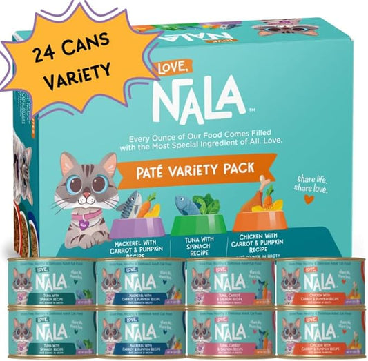 LOVE, NALA Grain-Free Wet Cat Food Pâté – 24 Pack – Natural Chicken & Fish Variety in Broth – Premium Whole Meat - Grain Free - Non GMO - Wet Food for Adult Cats