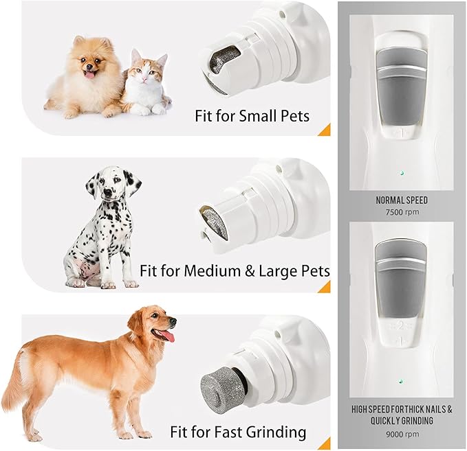 Pet Nail Grinder with LED Light & 2 Grinding Heads, 2-Speed Low Noise & More Powerful Dog Nail Grinder, Pet Nail Trimmer File, Painless Paw Claw Care, Quiet Toenail Grooming Tool for L/M/S Dogs/Cats