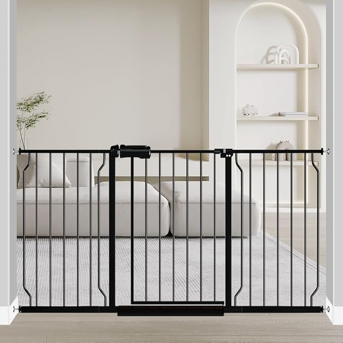 Fairy Baby Extra Wide Baby Gate Black 57.5-62 Inch Wide, Walk Through Pressure Mounted No Drill, Long and Large Tension Dog Gates for Pet and Kids