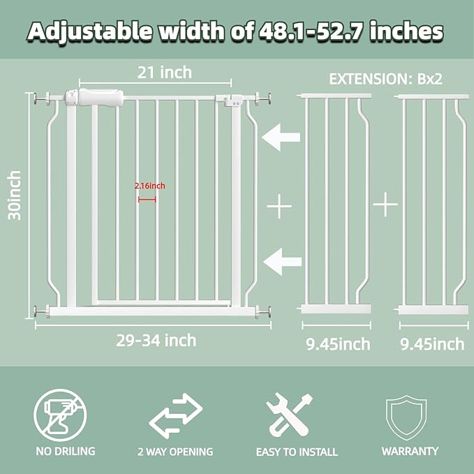 TSAYAWA Walk Through Baby Gate with Door, 48.1-52.7 Inch Wide Presure Mounted No Drill Metal Auto Close Child Gate for Stair Doorway - Indoor Outdoor Safty Gate for Toddler Dog Doggie, White