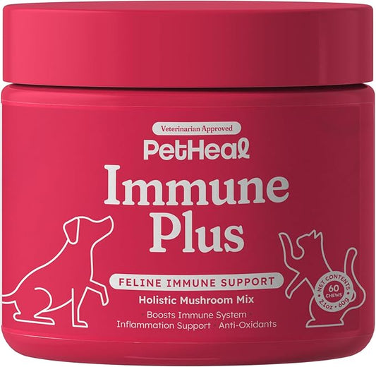 Immune Plus Chews for Cats - Vet-Reviewed - Boosts Immunity & Liver Health with Turkey Tail, Reishi & Milk Thistle | Promotes Shiny Coat & Reduces Lumps | 60 Chicken-Flavored Soft Chews