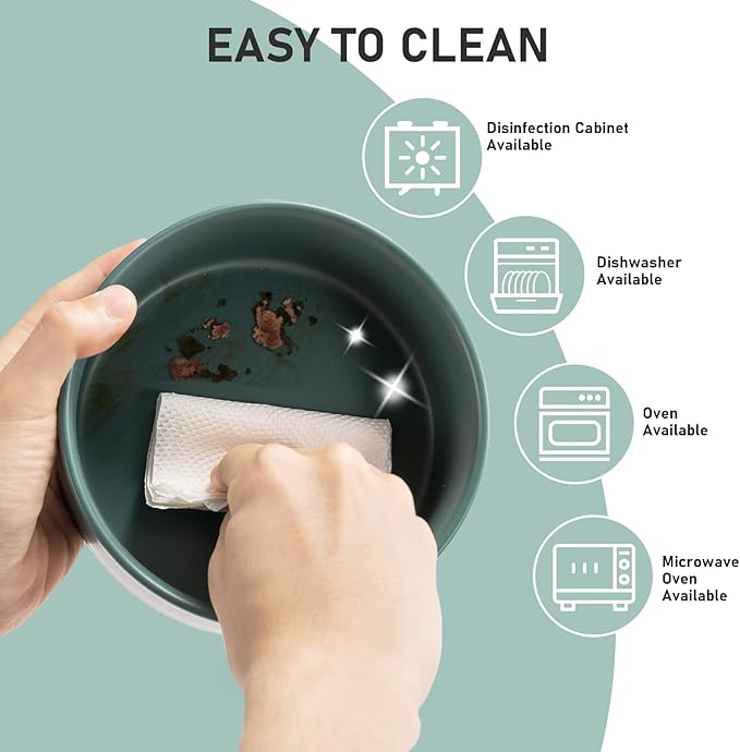 SPUNKYJUNKY 15° Slanted Ceramic Dog and Cat Bowl with Wooden Stand, Tilted Bulldog Food and Water Bowl No Slip Non-Spill for Cats Medium Dogs Big Face Pets 28.7 OZ (3.6 Cups, Green × 2)