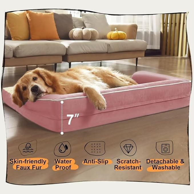 Dog Bed Medium Size Dog-Orthopedic Waterproof Bed for Dogs,Foam Couch Sofa with Washable Removable Cover & Non-Slip Bottom-Pink