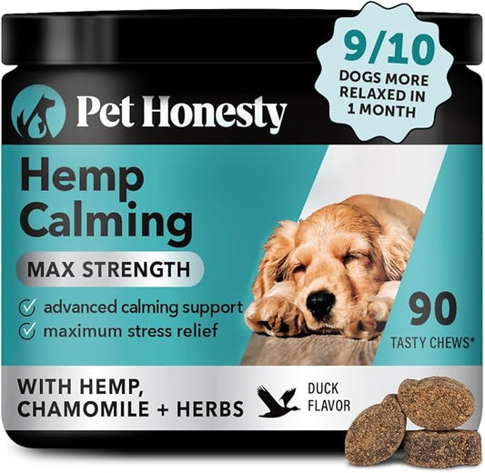 Natural Hemp Calming Chews for Dogs Maximum Strength - Hemp & Melatonin Dog Anxiety Relief - Calming Aid Supplement with Valerian Root - Stress, Separation & Thunder Support - (Duck 90 Ct)
