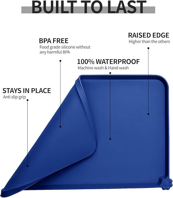 Waterproof Pet Feeding Mat with High Raised Edges, Heavier and Thicker Placemats for Cat Dog Water Bowl with BPA Free, Dogs Cats Food Mats for Messy Drinkers to Prevent Spill and Protect Floors