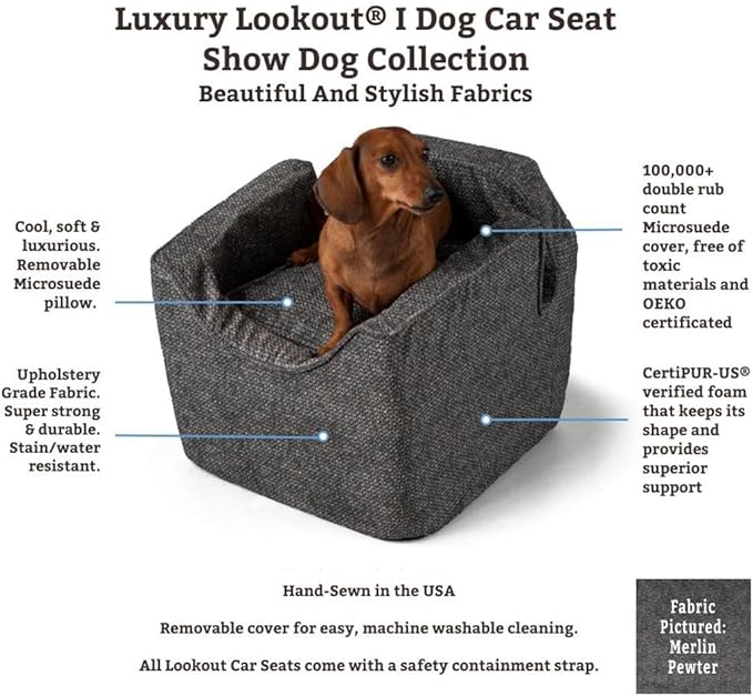 Snoozer Dog Car Seat, Lookout I Dog Booster Car Seat for Small Dogs Under 25lbs, Size: Medium, Fabric: Merlin Camel, Pet Car Seat to Alleviate Car Sickness for Dogs, Removable Machine Washable Cover