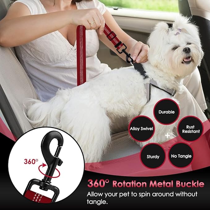 SlowTon 2 Pack Dog Seat Belt, 2 in 1 Attachment, Hook Latch Bar or Seatbelt Buckle with Elastic Nylon Bungee Buffer Adjustable Reflective Nylon Safety Belt Tether Connect to Dog Harness (2pack-R)
