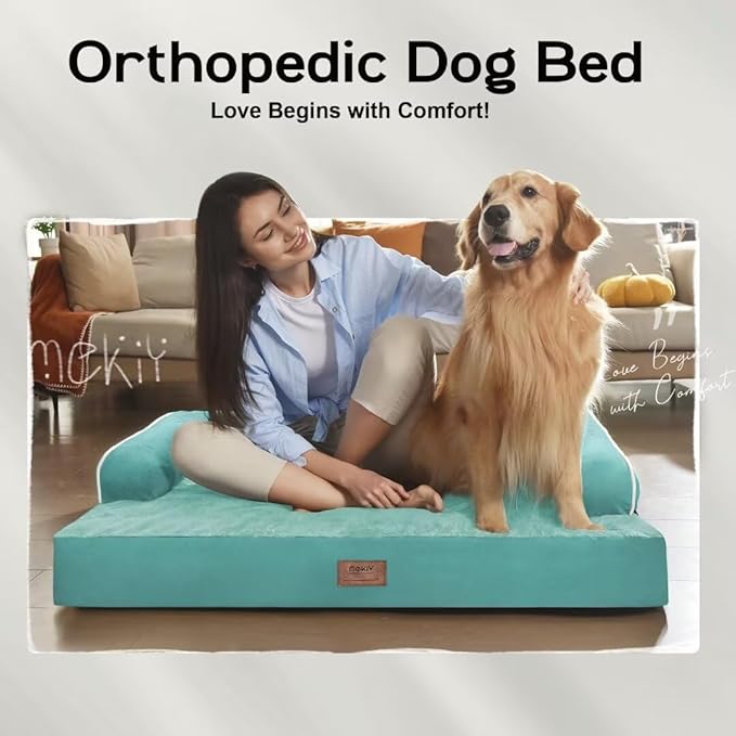 Orthopedic Washable Large Dog Bed, Dog Beds with Removable Cover, Large X XL Pet with Bolster, Washable Aqua Blue Dog Beds with Orthopedic Egg Foam for Medium Large Dogs