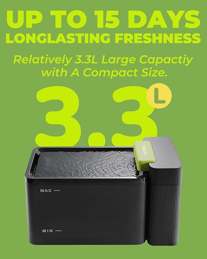 Furbulous 316 Stainless Steel Automatic Water Fountain with Ultrafiltration Tech, 3.3L/112oz Large Bowl, Ultra-Quiet, BPA-Free Dish Two Modes Water Dispenser for Cats/Medium Dogs/Pets (Black)