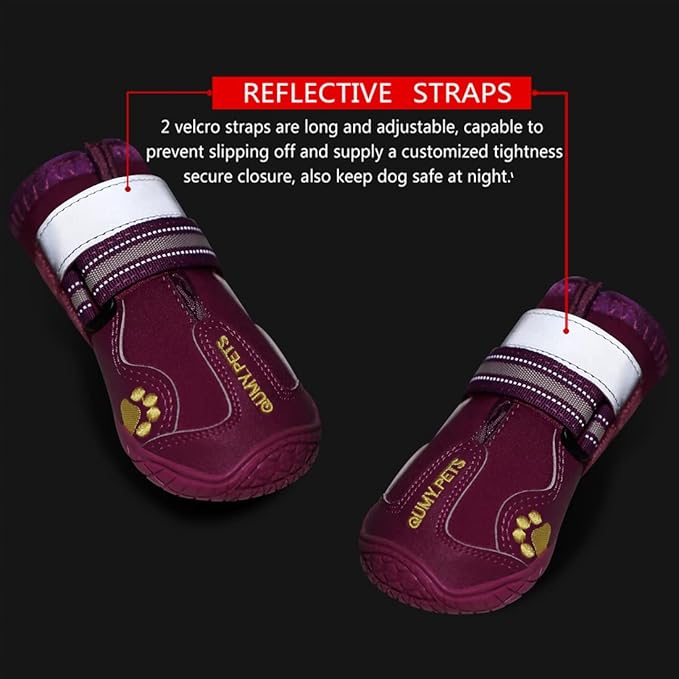 QUMY Dog Shoes for Large Dogs, Medium Dog Boots & Paw Protectors for Winter Snowy Day, Summer Hot Pavement, Waterproof in Rainy Weather, Outdoor Walking, Indoor Hardfloors Anti Slip Sole Purple Size 4