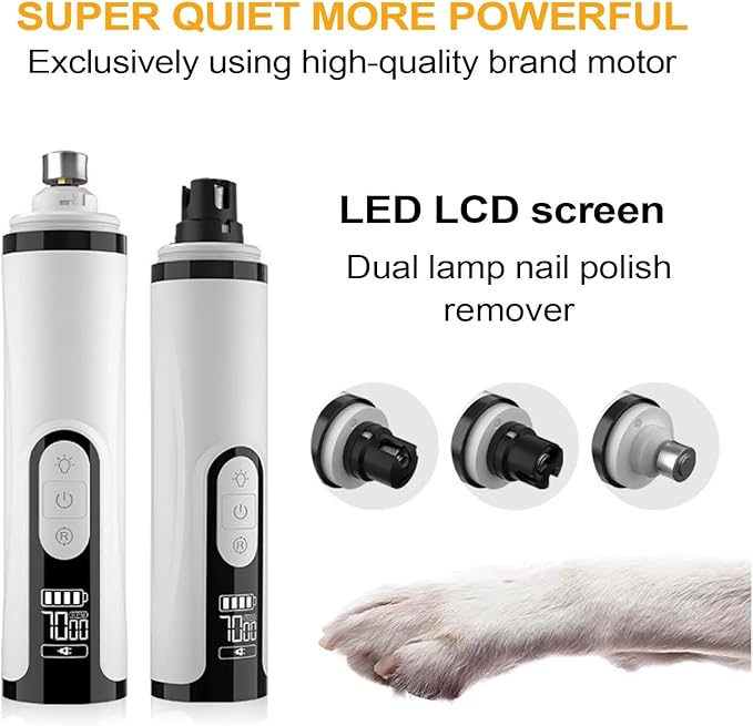 Upgrade Heusom Groom Pro Nail Grinder Cordless with LED Light & 3 Speeds, Dog Cat Nail Trimmer 2000mAh Long-Lasting Battery for Thick Nails for Dogs and Cats (2 Pc+2 Heads)