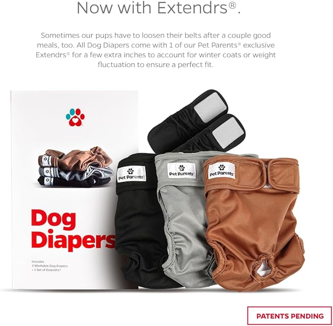 Pet Parents® Washable Dog Diapers (3pack) + Extendrs® of Durable Doggie Diapers, Premium Dog Diapers Female (Small, Natural)