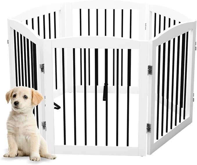 Freestanding Pet Gate for Dogs, Foldable Wooden Dog Gate for House, Extra Wide Indoor Pet Barrier for Stair, Doorway, Hall, Support Feet Included, 120 Inch Wide, 6 Panels 24", White