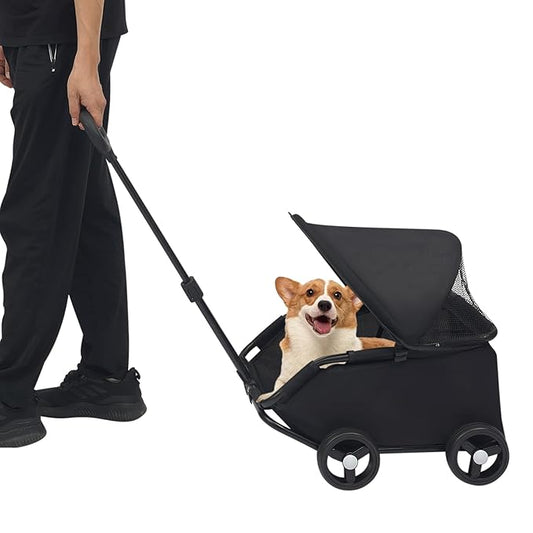 Small Dog Stroller, Pe4-Wheel Portable Dog & Cat Stroller with Semi-Open Design, Foldable Pet Cart with Canopy for Small Dogs or Cats Weighing Less Than 15.43 Pounds (Black)