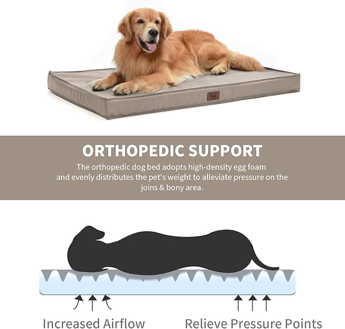 Orthopedic Dog Bed for Large Dogs, Waterproof Dog Bed Washable Pet Bed for Large Sized Dogs with Egg Crate Foam Pet Mat, Removable Oxford Cover, Khaki