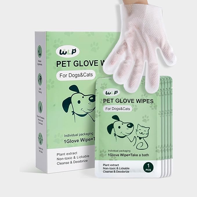 WLP 48 PCS Pet Cleaning and Deodorizing Glove Wipes for Dogs & Cats Hypoallergenic Pet Cleaning and Hydrating Glove Bath Wipes Enriched with Aloe & Jojoba Oil Individually Wrapped