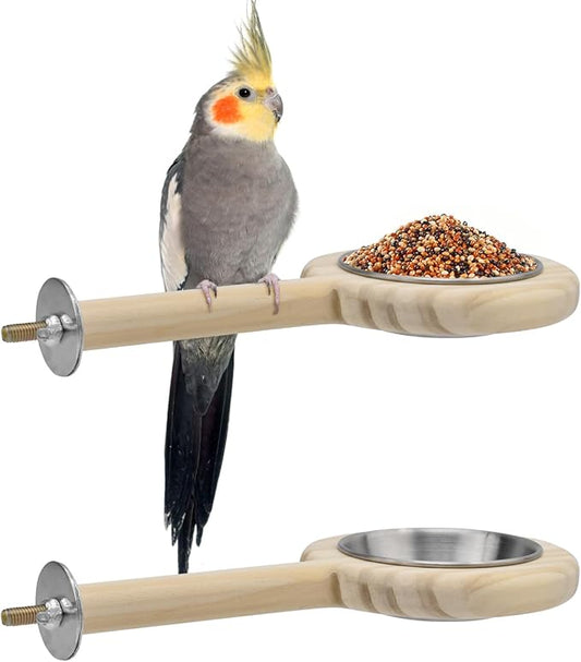 KATUMO Bird Perch Feeding Cup Birds Platform Parrot Wood Perch Stand Toy Cage Accessory for Parakeet Lovebird Cockatiel Conure Budgie Small Parrots (L Perch (Pack of 2))