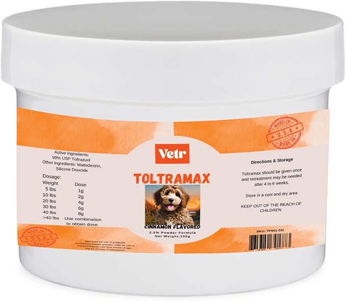 Vetr's Toltramax Toltrazuril Powder for Horses, Dogs, Cats, 100g (2.5%, Cinnamon)