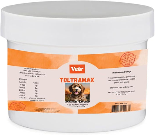Vetr's Toltramax Toltrazuril Powder for Horses, Dogs, Cats, 100g (2.5%, Cinnamon)
