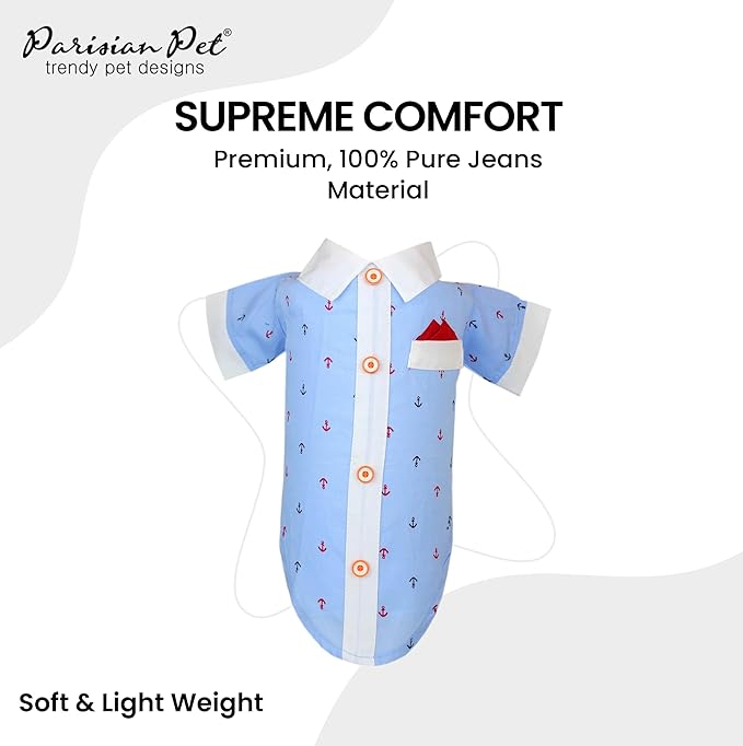 Parisian Pet Nautical Costume - 100% Cotton Anchor Shirt - Sleeved Doggie Clothes - Blue and White Costumes for Small Dogs XS