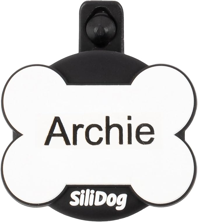 SiliDog AirTag Holder Silent Dog ID Tag – Personalized Engraved Silicone Pet Tag – Durable, Glow-in-The-Dark – White Bone