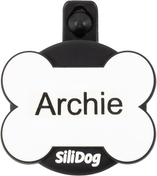 SiliDog AirTag Holder Silent Dog ID Tag – Personalized Engraved Silicone Pet Tag – Durable, Glow-in-The-Dark – White Bone