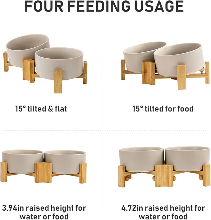 SPUNKYJUNKY 15° Slanted Ceramic Dog and Cat Bowl with Wooden Stand, Tilted Bulldog Food and Water Bowl No Slip Non-Spill for Cats Medium Dogs Big Face Pets 28.7 OZ (3.6 Cups, Grey × 2)