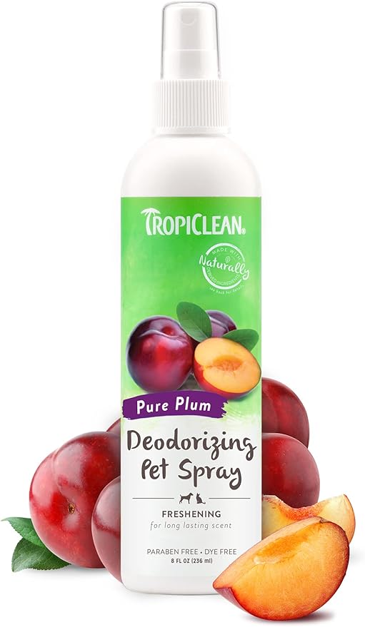 TropiClean Dog Perfume, Long Lasting Plum Cologne, Deodorizing Spray for Smelly Dogs, After Bath Detangling Spray with Vitamin E, Safe for Cats, 8oz.
