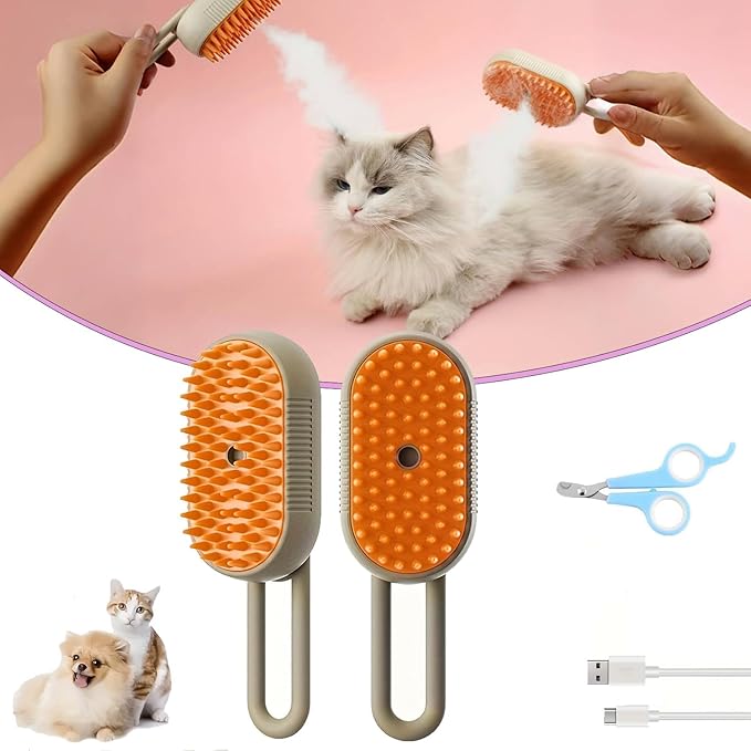 Puffease Cat Steam Brush, Spritz Defur Comb for Cats, Quick & Easy Pet Hair Remover, Massaging & Deshedding - Anti-Static, Moisturizing, USB Rechargeable for Dogs & Cats (Brown)