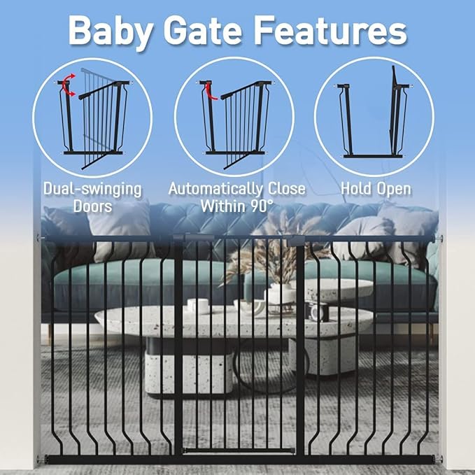 WAOWAO Extra Tall 40.55" Baby Gate 57.48-74.4" Wide Pressure Mounted Walk Through Swing Auto Close Safety Black Metal Toddler Child Dog Pet for Indoor Stairs,Doorways