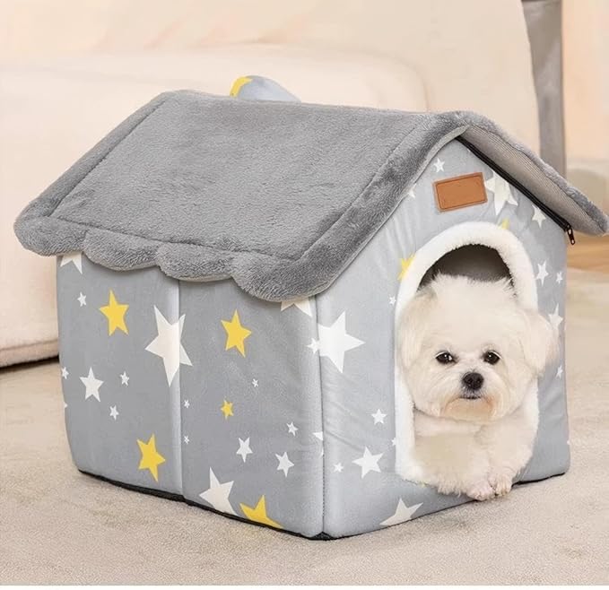 Scnbom Dog House Indoor Puppy Cave Cat Nest Kennel Pet Bed Portable Memory Sponge Foldable Houses with Cushion (Grey, L:Size fits 14kg/30lbs (Pets))