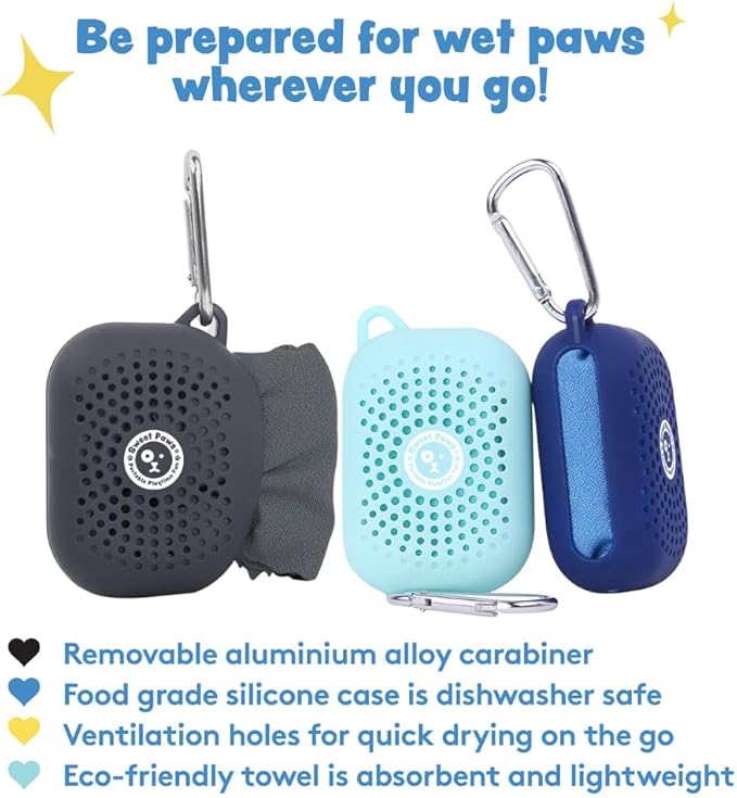 Sweet Paws Portable Dog Paw Towel, Lightweight & Super Absorbent Microfiber, Clips onto Leash, Quick Drying Towel for Dogs Paws with Silicone Case, Dry Dog’s Paws on The Go - Large - Newport Navy