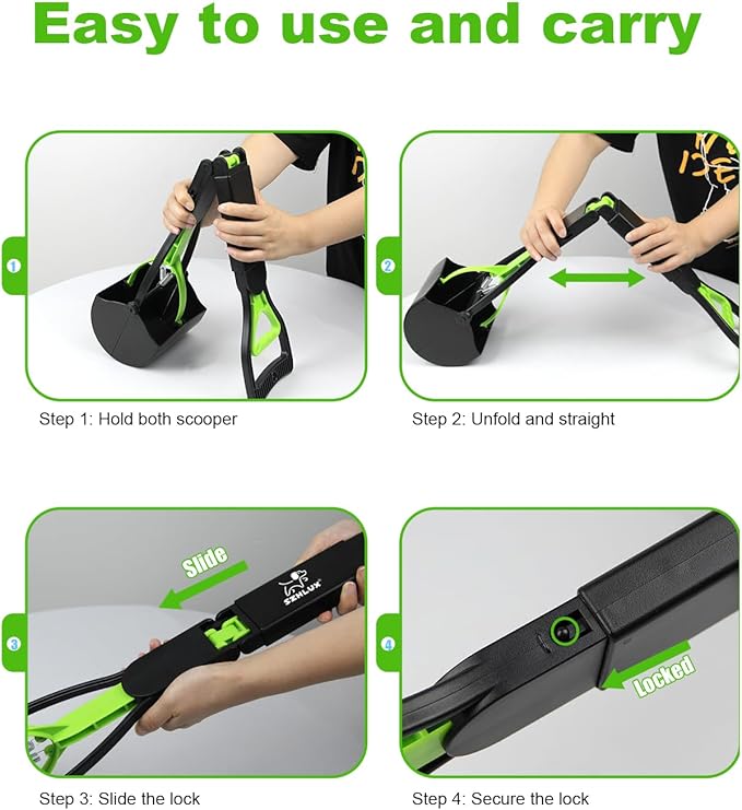SZHLUX 28" Pooper Scooper, Foldable Dog Pooper Scooper with Unbreakable Material and Durable Spring for Grass and Gravel, Green